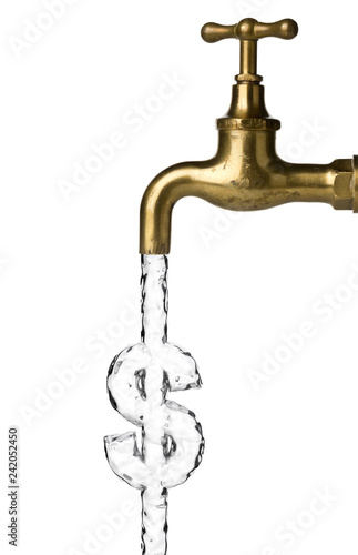 Valokuva Water flow from water tap or faucet forming dollar sign on white - water cost or