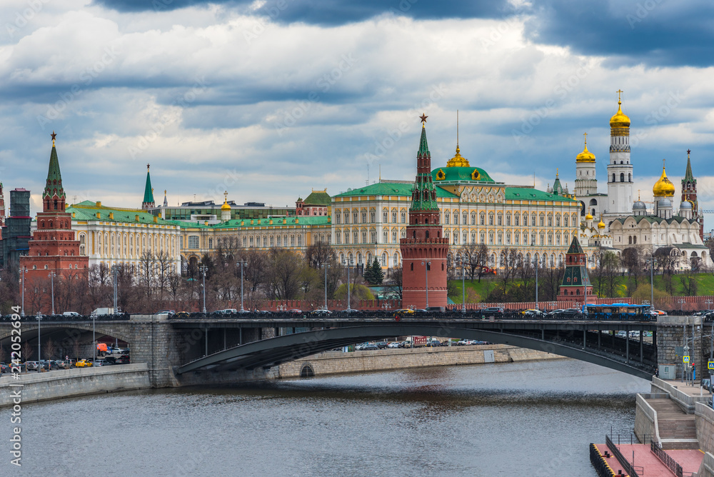 Spring Moscow city landscape with the Kremlin and clouds