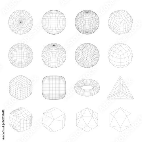 Wireframe mesh objects. Network line, HUD design sphere. Abstract 3d icons set. Isolated on white background