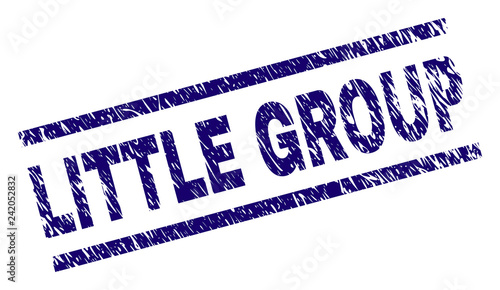 LITTLE GROUP seal imprint with distress style. Blue vector rubber print of LITTLE GROUP caption with corroded texture. Text caption is placed between parallel lines.