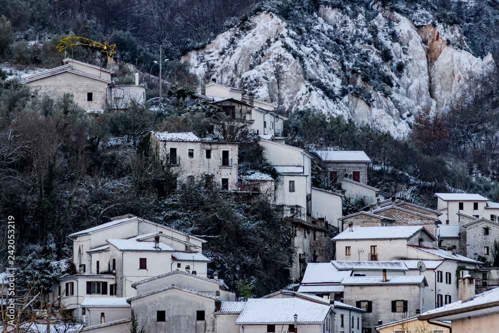 Italian mountain village of Villa Latina in cold snowy landscape