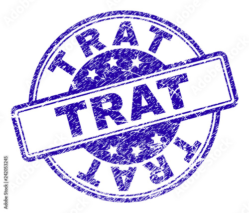 TRAT stamp seal imprint with distress texture. Designed with rounded rectangles and circles. Blue vector rubber print of TRAT caption with dust texture.