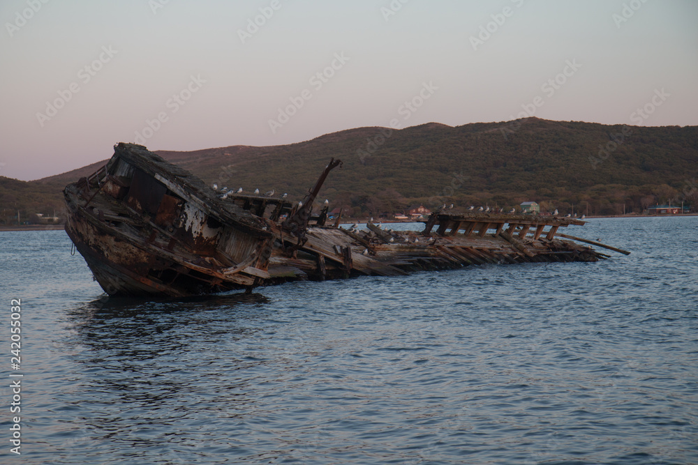 The old ship drifts at the coast