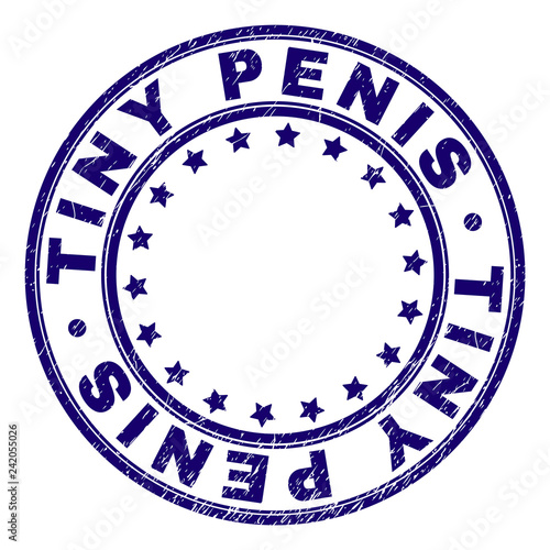 TINY PENIS stamp seal imprint with distress texture. Designed with round shapes and stars. Blue vector rubber print of TINY PENIS caption with dirty texture. photo