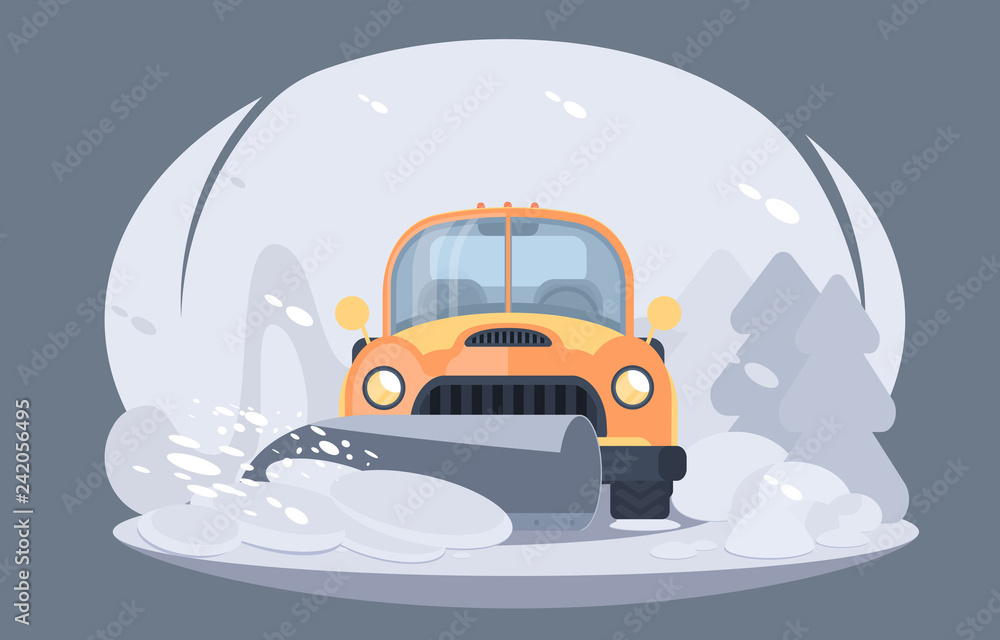 Process of snow removal from road. Pick up truck with snowplow. Winter highway service.