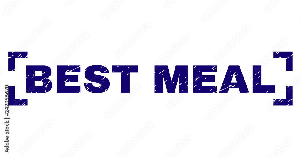 BEST MEAL text seal print with distress effect. Text label is placed inside corners. Blue vector rubber print of BEST MEAL with dirty texture.