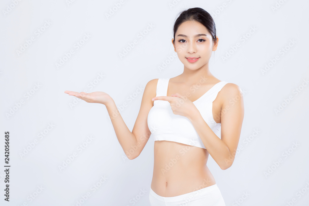 Portrait asian woman beautiful body diet with fit presenting something copy space on the hand isolated on white background, model girl weight slim with cellulite, health and wellness concept.. Portrait asian woman beautiful body diet with fit presenting something copy space on the hand isolated on white background, model girl weight slim with cellulite, health and wellness concept..