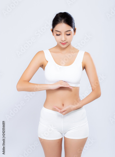 Portrait young asian woman weightloss smiling beautiful body diet with fit presenting something copy space on hand isolated on white background, girl weight slim with cellulite, health concept.