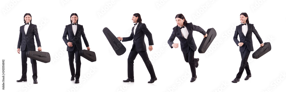 Man with violin case isolated on white Man with violin case isolated on white