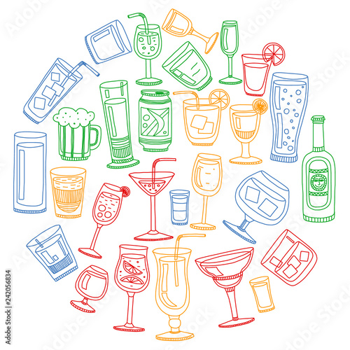 Vector set of popular cocktails for the menu. Doodle style icons.