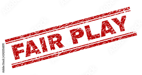 FAIR PLAY seal print with distress texture. Red vector rubber print of FAIR PLAY title with unclean texture. Text title is placed between double parallel lines.
