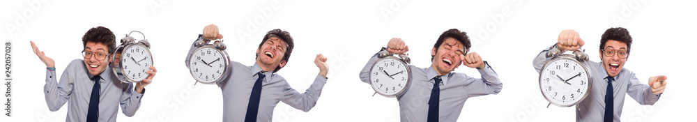 Young businessman with clock isolated on white Young businessman with clock isolated on white