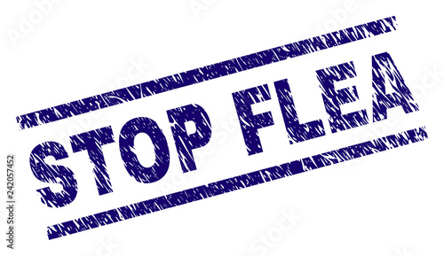 STOP FLEA seal imprint with grunge style. Blue vector rubber print of STOP FLEA text with unclean texture. Text tag is placed between parallel lines.