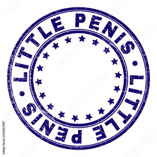 LITTLE PENIS stamp seal watermark with grunge texture. Designed with circles and stars. Blue vector rubber print of LITTLE PENIS text with retro texture.