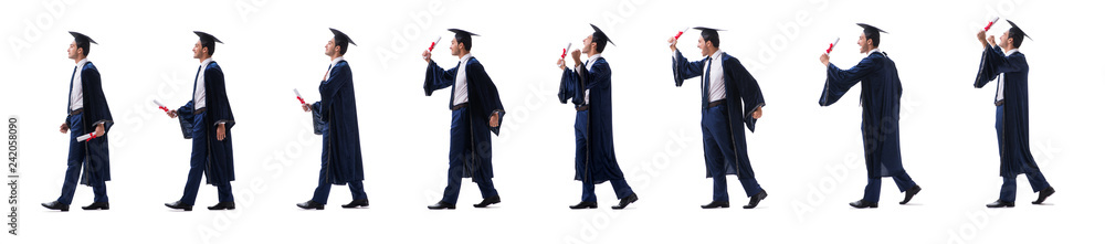 Young man happy with his graduation isolated on white 