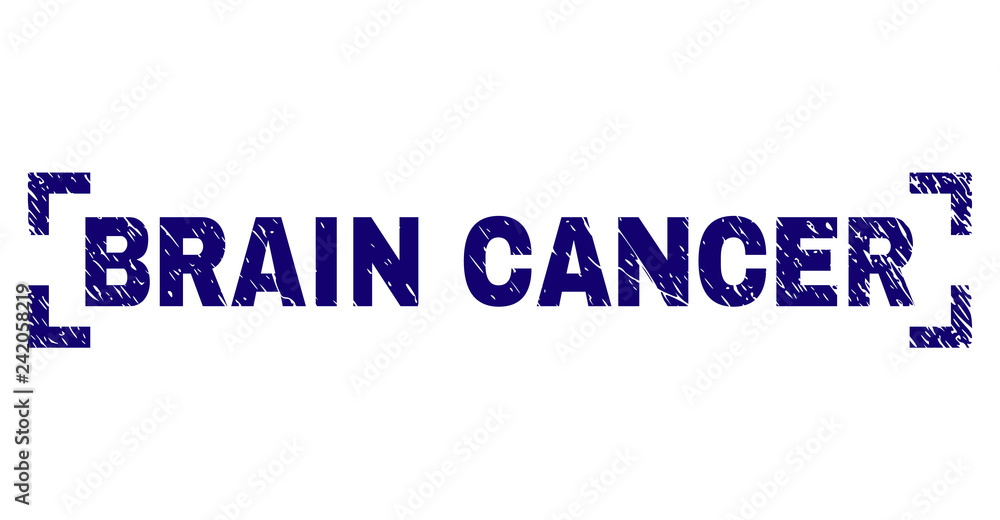 BRAIN CANCER text seal print with distress effect. Text title is placed between corners. Blue vector rubber print of BRAIN CANCER with corroded texture.