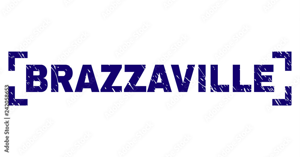 BRAZZAVILLE text seal print with grunge effect. Text caption is placed inside corners. Blue vector rubber print of BRAZZAVILLE with unclean texture.