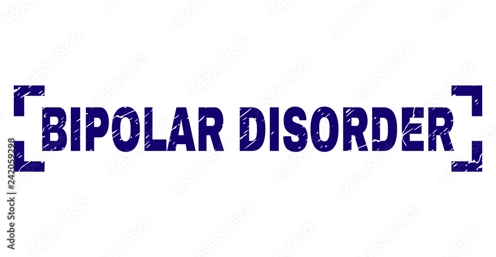 BIPOLAR DISORDER text seal stamp with corroded texture. Text title is placed inside corners. Blue vector rubber print of BIPOLAR DISORDER with grunge texture.