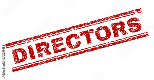 DIRECTORS seal print with grunge effect. Red vector rubber print of DIRECTORS text with scratched texture. Text label is placed between double parallel lines.