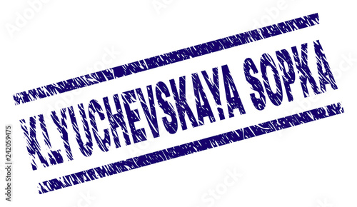 KLYUCHEVSKAYA SOPKA seal print with grunge style. Blue vector rubber print of KLYUCHEVSKAYA SOPKA caption with unclean texture. Text caption is placed between parallel lines.