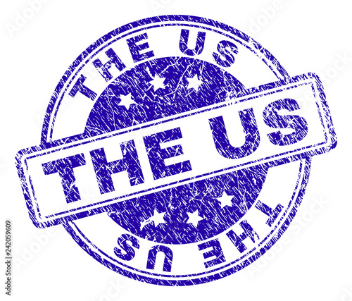 THE US stamp seal watermark with distress texture. Designed with rounded rectangles and circles. Blue vector rubber print of THE US caption with dust texture.