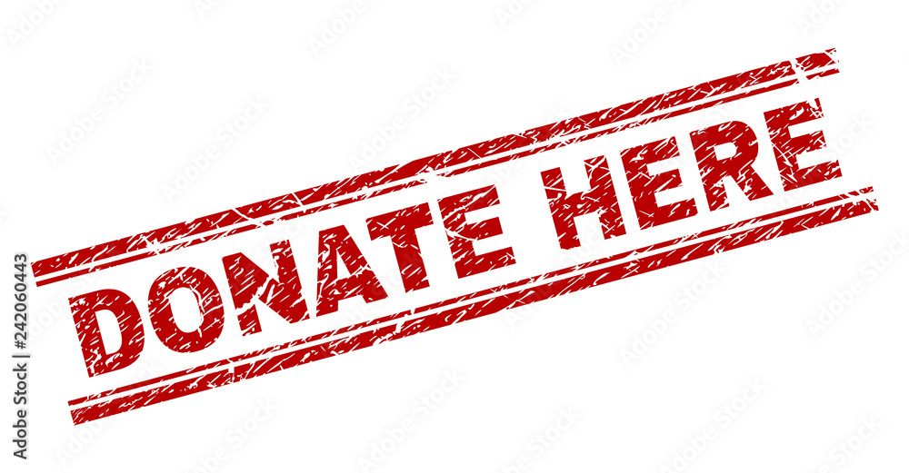 DONATE HERE seal print with distress effect. Red vector rubber print of ...