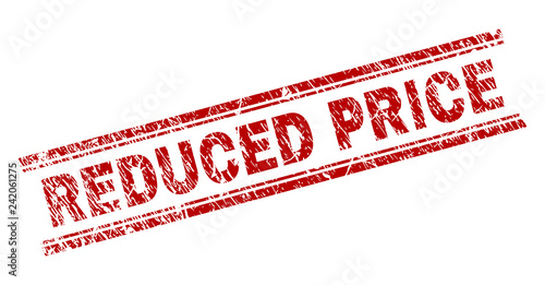 REDUCED PRICE seal print with distress texture. Red vector rubber print of REDUCED PRICE text with corroded texture. Text label is placed between double parallel lines.