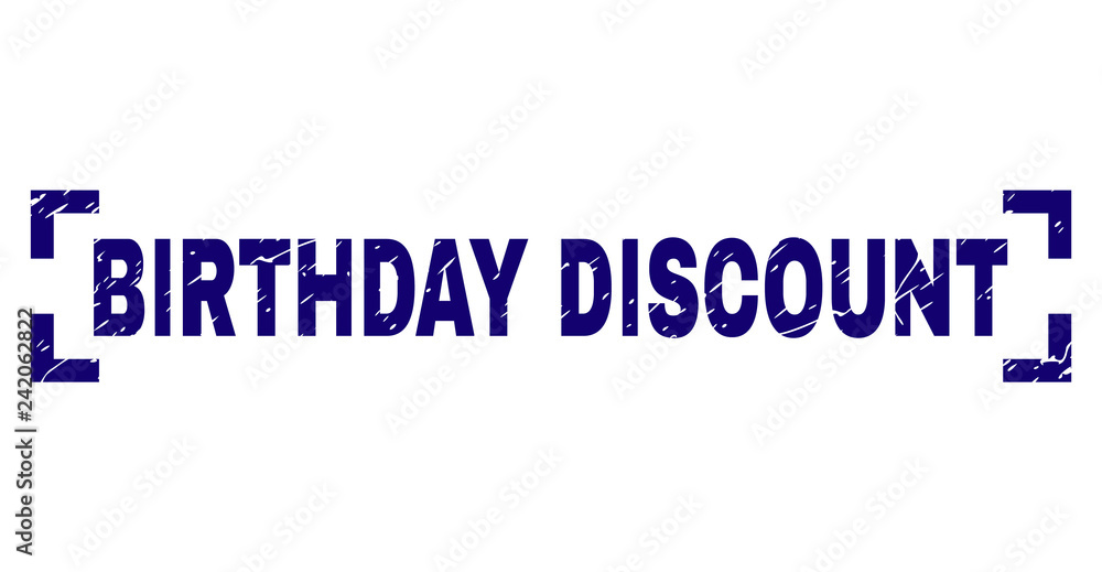 BIRTHDAY DISCOUNT label seal print with corroded texture. Text title is placed between corners. Blue vector rubber print of BIRTHDAY DISCOUNT with grunge texture.