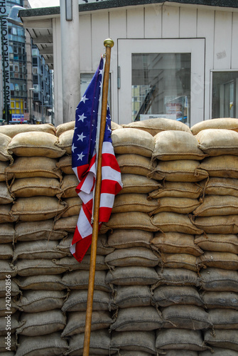 American flag on sandbags