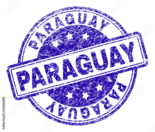 PARAGUAY stamp seal watermark with distress texture. Designed with rounded rectangles and circles. Blue vector rubber print of PARAGUAY title with grunge texture.