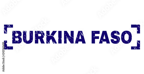 BURKINA FASO tag seal print with grunge texture. Text caption is placed between corners. Blue vector rubber print of BURKINA FASO with unclean texture.