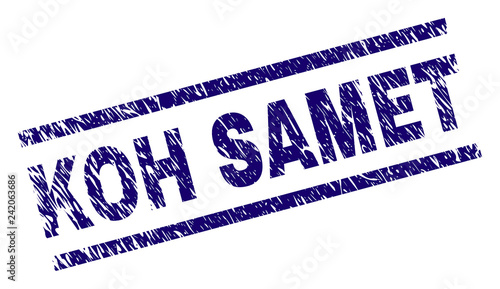 KOH SAMET seal print with grunge style. Blue vector rubber print of KOH SAMET text with scratched texture. Text caption is placed between parallel lines.