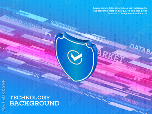 Technology background with shield and abstract stream information. Data protection.