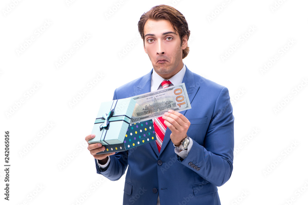 Elegant businessman with giftbox isolated on white Elegant businessman with giftbox isolated on white