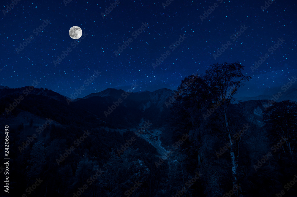 Mountain Road through the forest on a full moon night. Scenic night landscape of dark blue sky with moon. Azerbaijan Mountain Road through the forest on a full moon night. Scenic night landscape of dark blue sky with moon. Azerbaijan