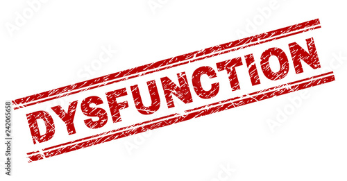DYSFUNCTION seal print with corroded texture. Red vector rubber print of DYSFUNCTION text with corroded texture. Text caption is placed between double parallel lines.