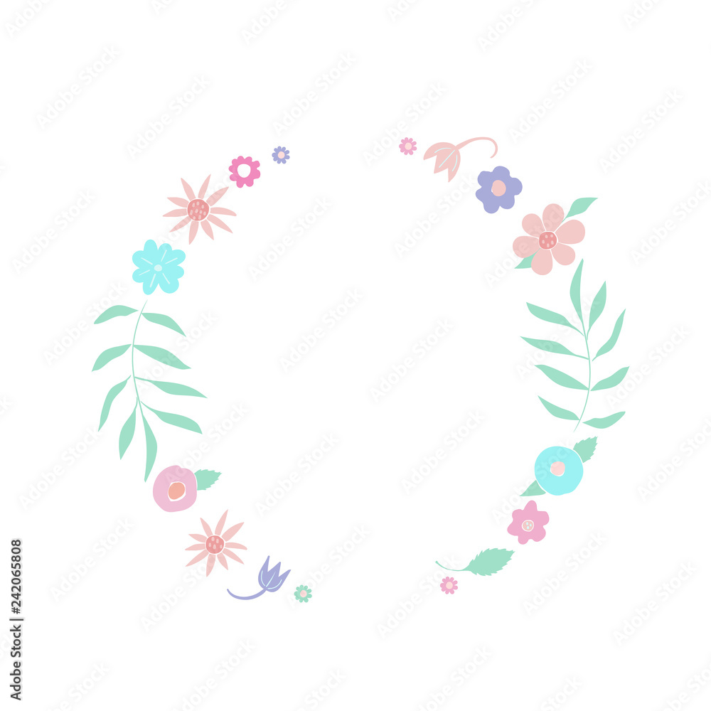 Template of hand drawn floral wreaths with leaves, flowers. Round frame. Creative decorative elements. For valentines day, stickers, wedding, birthday
