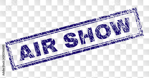 AIR SHOW stamp seal watermark with rubber print style and double framed rectangle shape. Stamp is placed on a transparent background. Blue vector rubber print of AIR SHOW title with unclean texture.