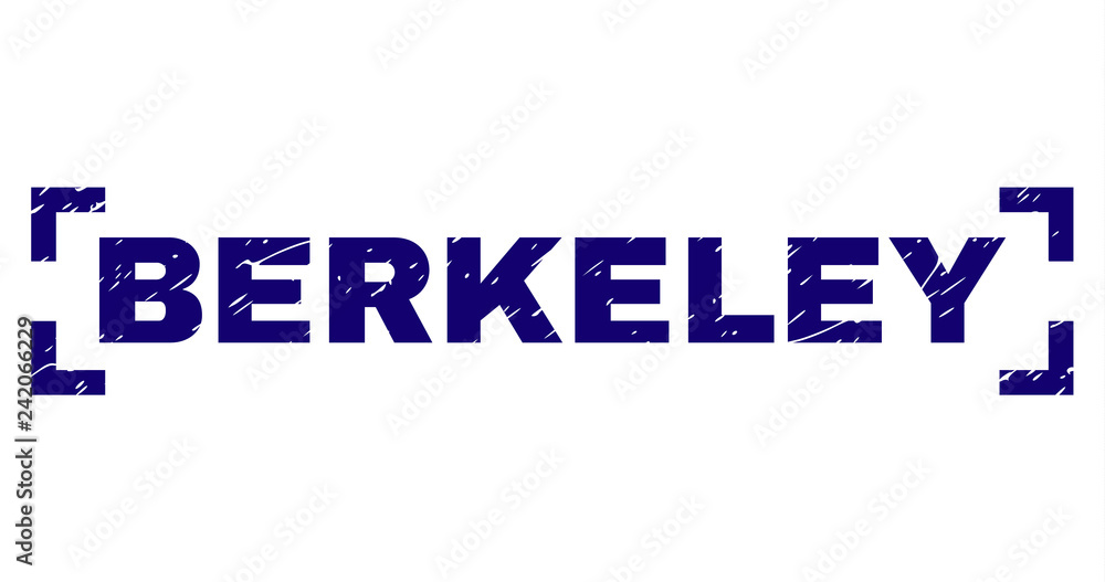 BERKELEY title seal print with grunge texture. Text title is placed between corners. Blue vector rubber print of BERKELEY with unclean texture.