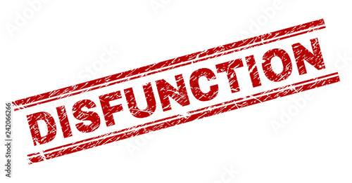 DISFUNCTION seal stamp with grunge style. Red vector rubber print of DISFUNCTION label with grunge texture. Text label is placed between double parallel lines.
