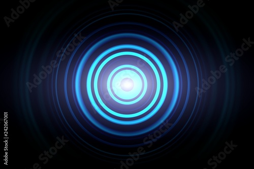 Abstract glowing circle blue light effect with sound waves oscillating background