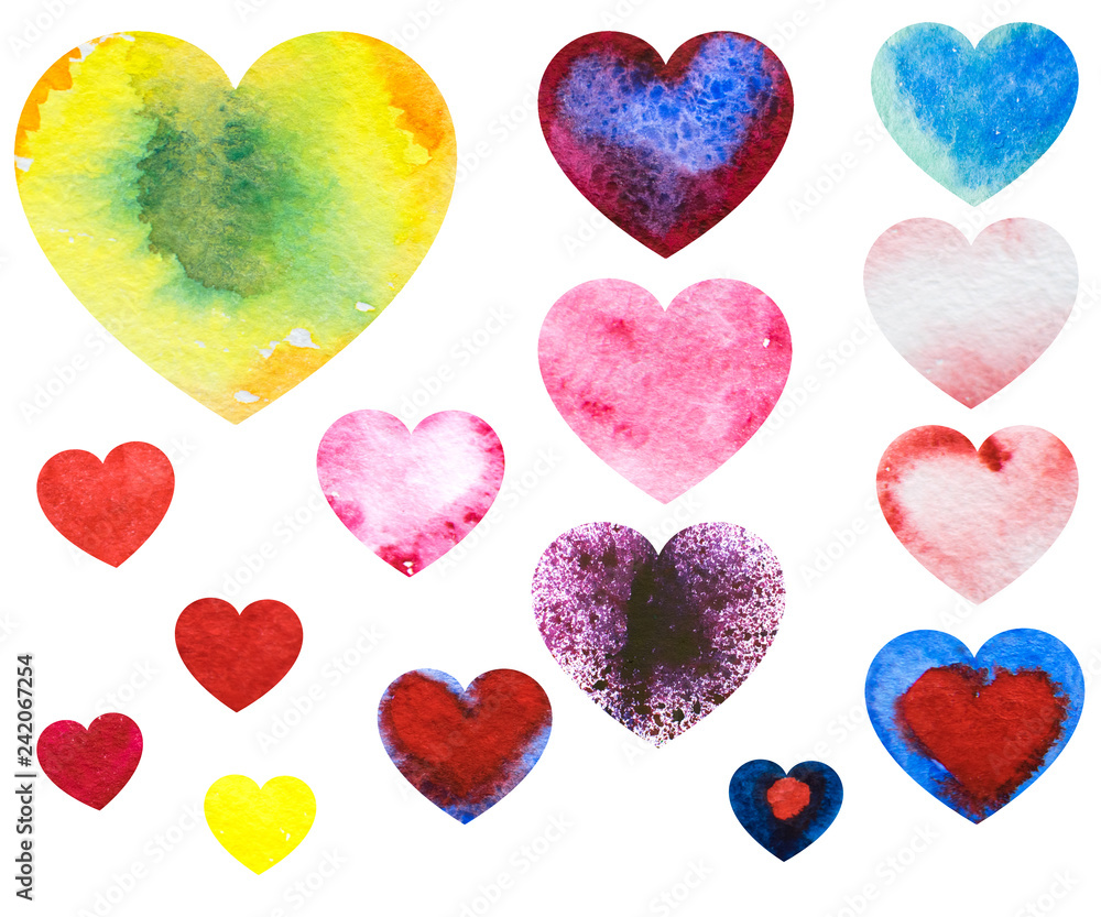 watercolor hearts of different sizes and colors on a white background