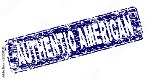 AUTHENTIC AMERICAN stamp seal print with distress texture. Seal shape is a rounded rectangle with frame. Blue vector rubber print of AUTHENTIC AMERICAN tag with unclean style.