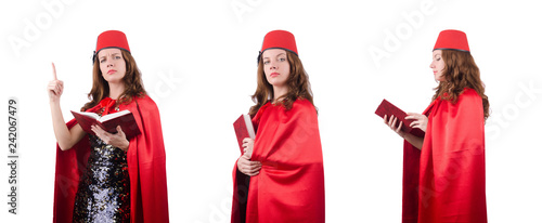Woman wearing fez hat isolated on white