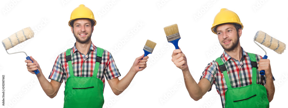 Male painter with helmet isolated on white Male painter with helmet isolated on white