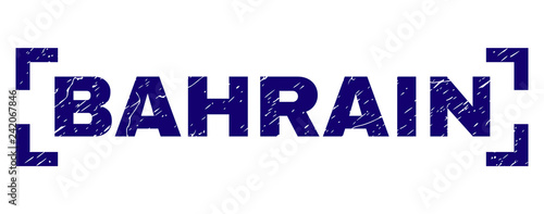 BAHRAIN caption seal print with corroded texture. Text caption is placed between corners. Blue vector rubber print of BAHRAIN with unclean texture.