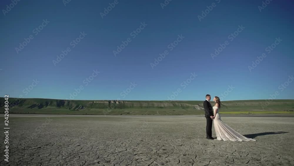 Young beautiful bride in a wedding dress and groom hugging and kissing outdoors Young beautiful bride in a wedding dress and groom hugging and kissing outdoors