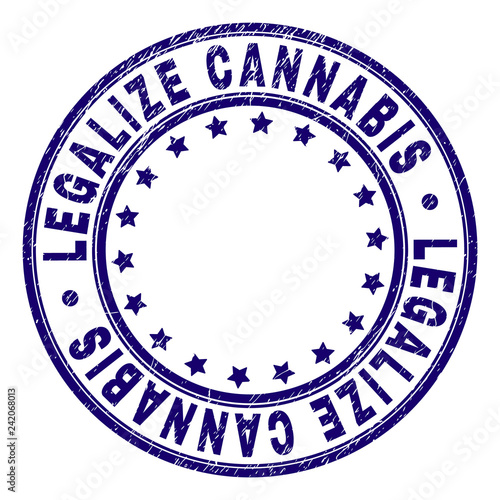 LEGALIZE CANNABIS stamp seal imprint with grunge texture. Designed with circles and stars. Blue vector rubber print of LEGALIZE CANNABIS label with grunge texture.