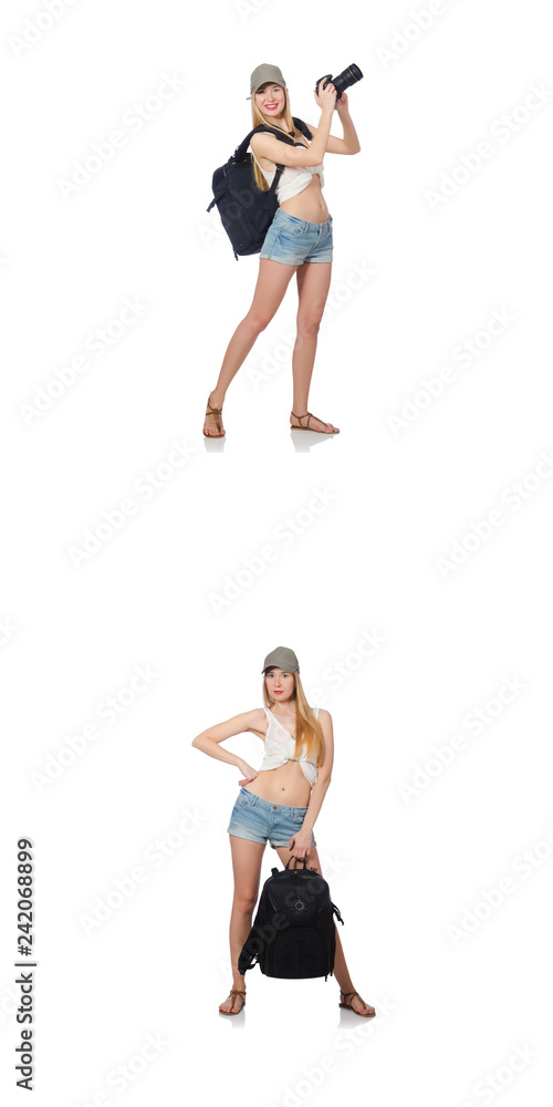 Beautiful woman in shorts with backpack and camera Beautiful woman in shorts with backpack and camera