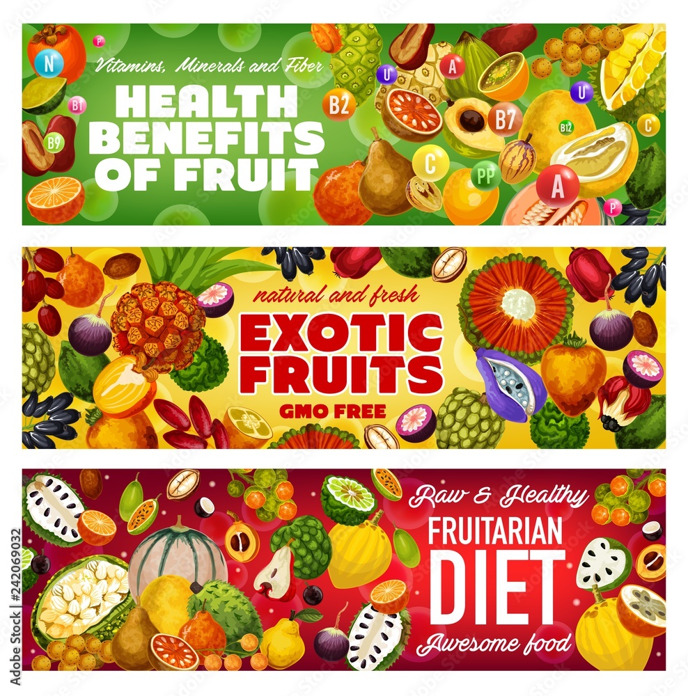 Tropical fruits, exotic berries of fruitarian diet Tropical fruits, exotic berries of fruitarian diet